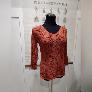 Jana Rust Open-Knit Lace V-Neck Long Sleeve Top – Size M